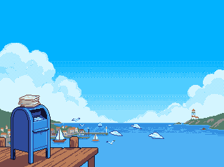 Pixel-art scene of a blue postbox stacked with letters on a pier above a harbour — sending tailored applications