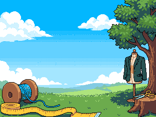 Pixel-art scene of a tailor's jacket on a dress form under a tree, with a tape measure, thread and scissors — tailoring a resume to fit each job