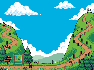 Pixel-art scene of winding trails up two green hills to a flag at the summit — tracking each application from saved to offer